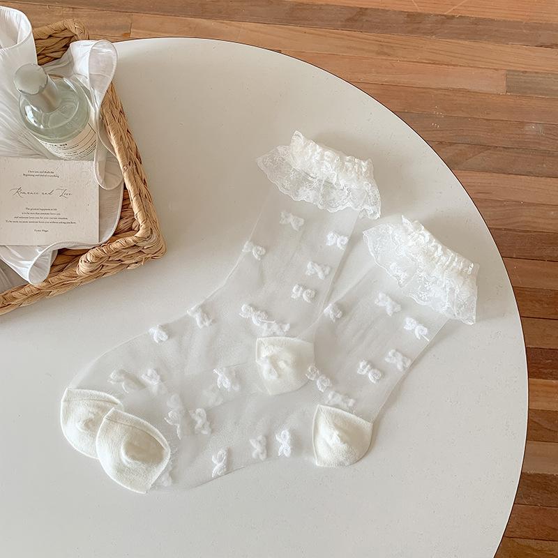 3-6pcs Glass Stockings Children's Spring and Summer Thin Lace Lace Lace Mid Tube Socks Sweet Bow Polka Dots