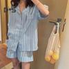 Женский пижамный комплект из 2 шт./компл., контрастный цветной полосатый принт с лацканами, с коротким рукавом, эластичная талия, свободная широкая домашняя одежда, одежда для сна, блузка, шорты, комплект