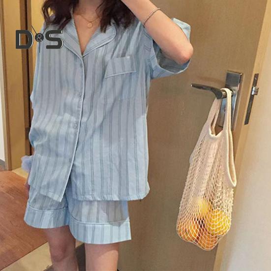 Женский пижамный комплект из 2 шт./компл., контрастный цветной полосатый принт с лацканами, с коротким рукавом, эластичная талия, свободная широкая домашняя одежда, одежда для сна, блузка, шорты, комплект