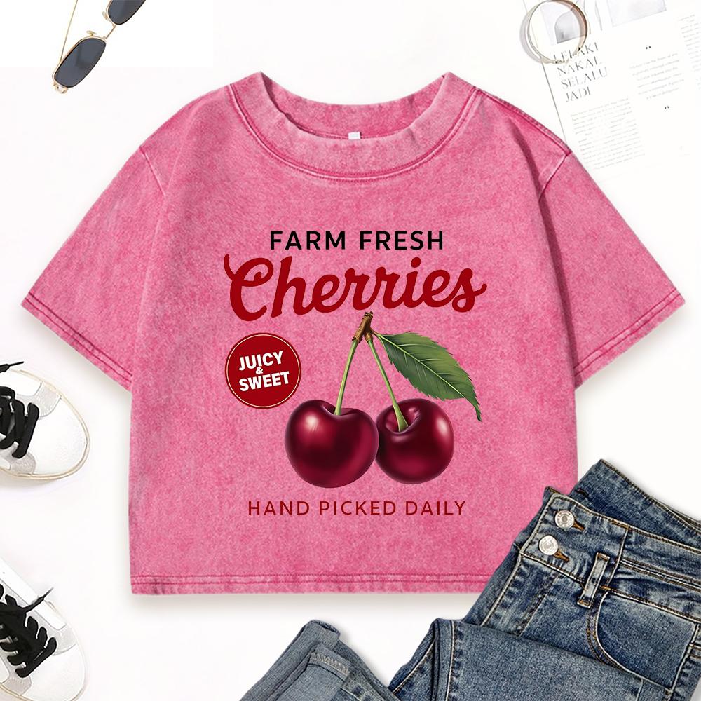 Farm Fresh Cherries Juicy Sweet Print Women Crop Washed T-Shirts Street Cotton T Shirt Crewneck Soft Top