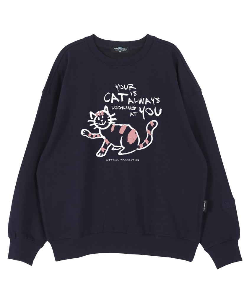 ASTRAL PROJECTION Doodle Cat Oversized Drop Shoulder Sweatshirt_Navy