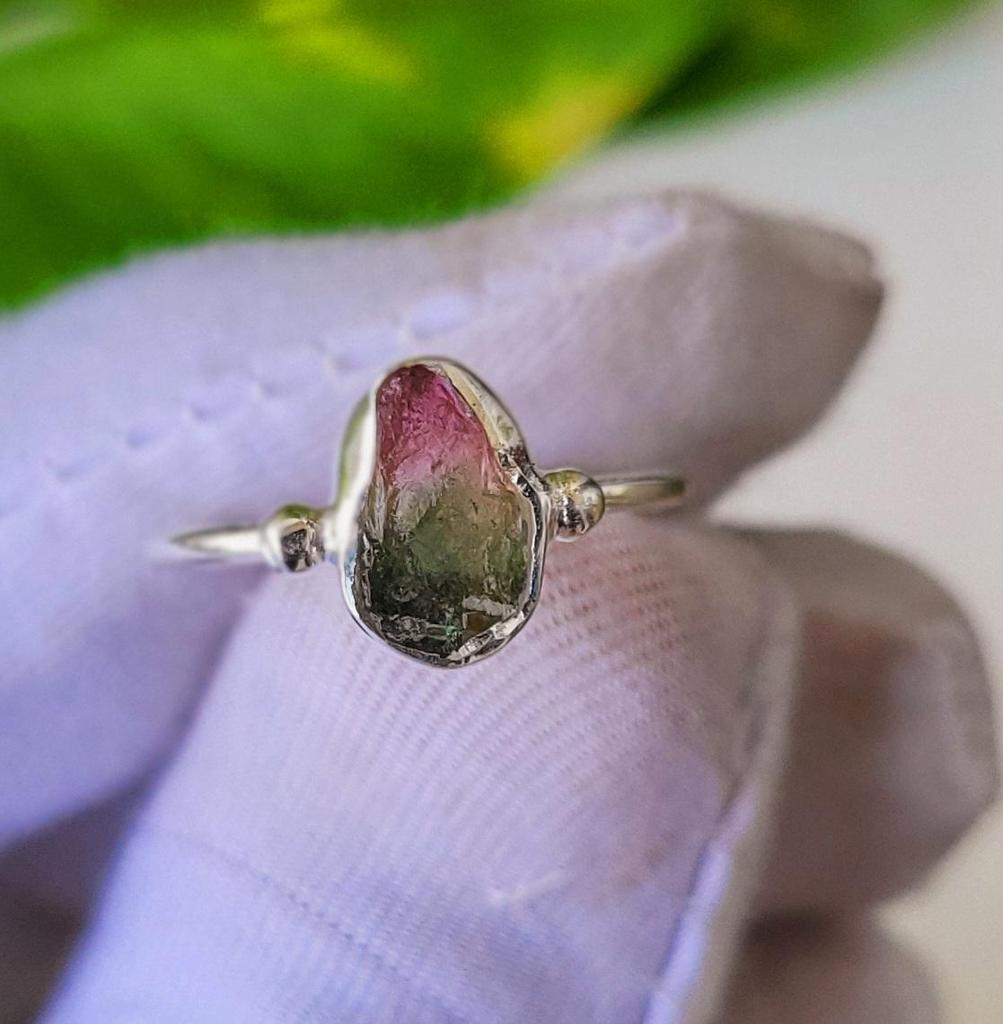 Rare Bicolor Pink Raw Tourmaline Gemstone 925 Sterling Silver Ring 5.75 US Gift