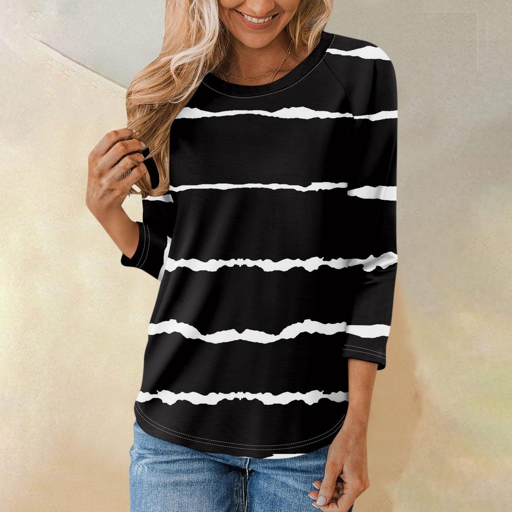 Женская модная повседневная рубашка с круглым вырезом и рукавами 3/4, свободная футболка с принтом, женский топ