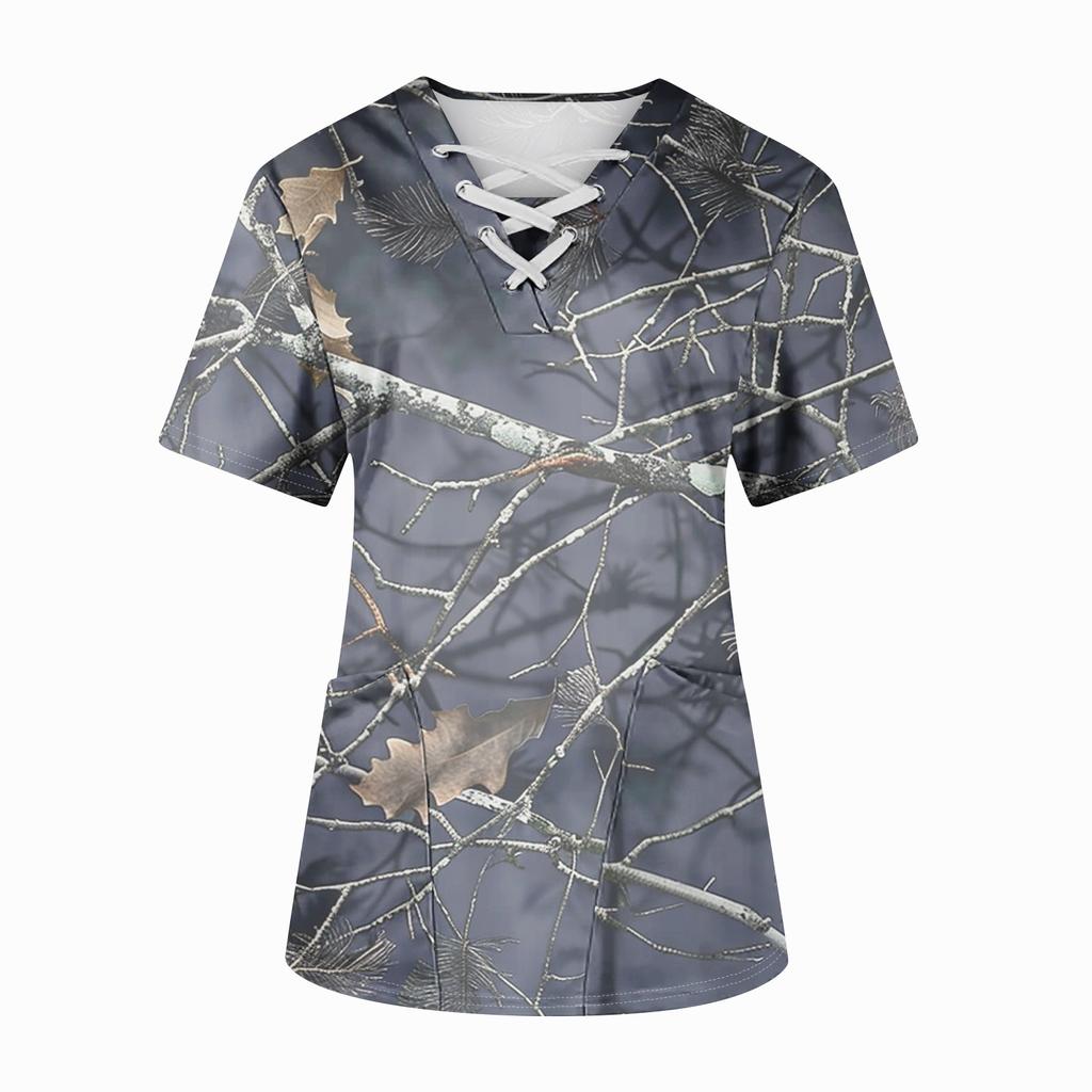 Плюс размерСкраб с принтом Рабочая форма Топы для женщин Крест V-образным вырезом Хэллоуин Принт с короткими рукавами Забавные футболки Спецодежда Футболка с карманами