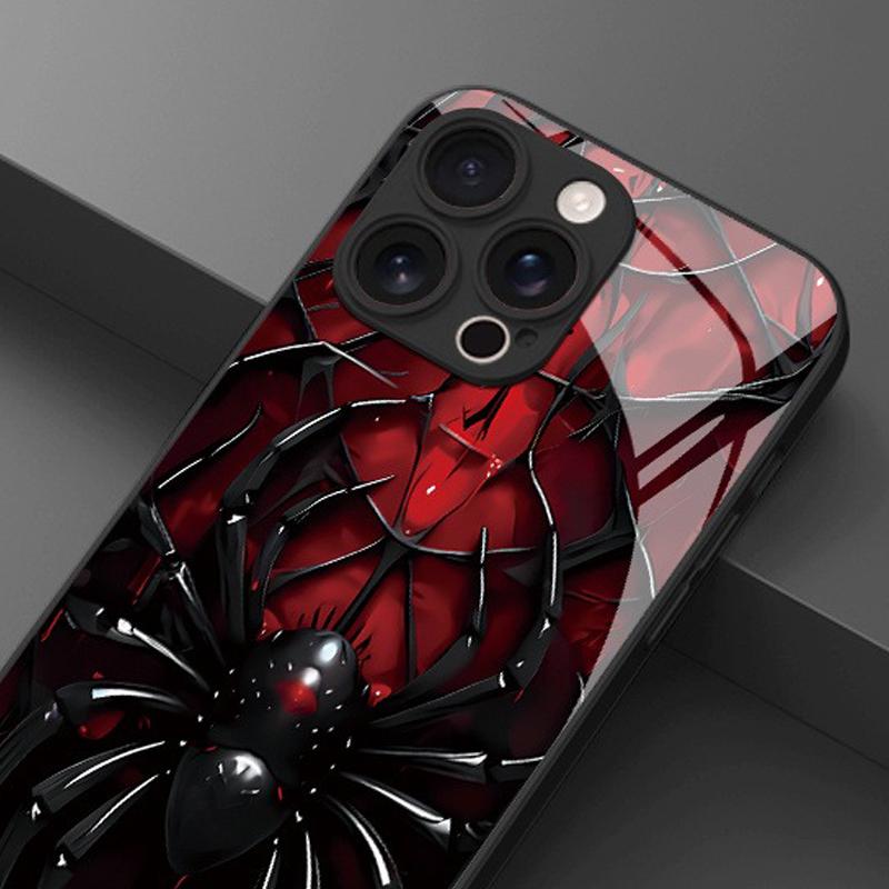 Крутой Черный Чехол для Телефона из Закаленного Стекла с Рисунком Паука для iPhone 17 16 15 14 13 12 11 Pro Max 17 Air 7 Plus XS X XR