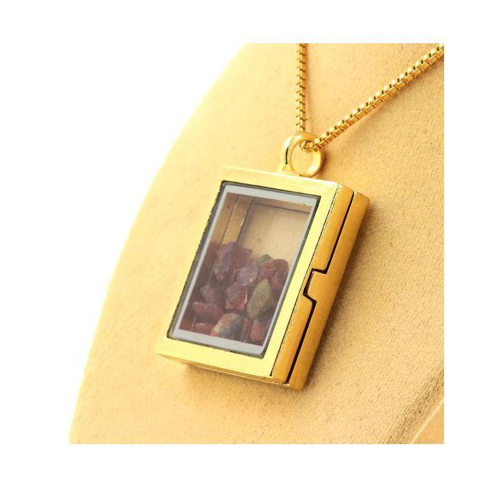 Pierres et Minéraux. Collier Tourmaline multicolore brut. Modèle carré. Couleur Or.