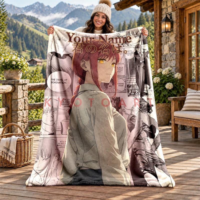 Chainsaw Man Custom Name Flannel Blanket Personalized Soft Warm Plush Throw Blanket Customized Gift for Family Friends