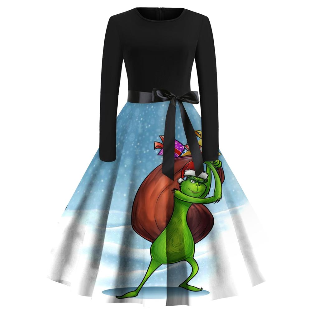 Женское модное повседневное платье с круглым вырезом и рождественским принтом и длинными рукавами