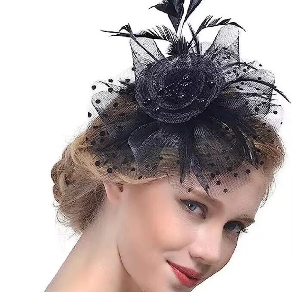 Polka Dot Feathers Fascinator Hat Elegant Bride Headdress Tea Party Mesh Hair Band Dance Show