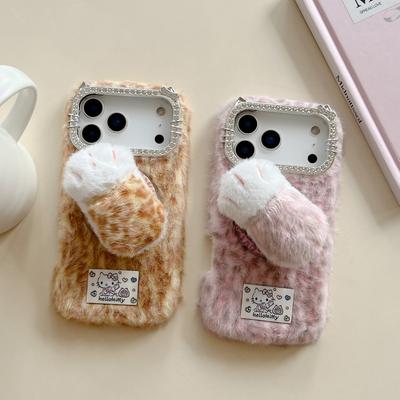 KT Алмазный Леопардовый Принт Присоска Плюшевый Чехол Для Телефона Для iPhone 17 Pro 16 15 14 Plus 13 Pro Max Ударопрочный Защитный Чехол