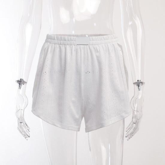 2 Pcs/Set Women Top Shorts Suit High Waist Shorts Hollow Out Loose Cropped Blouse Long Sleeves Solid Color Outfit for Sport Jogging Sleeping