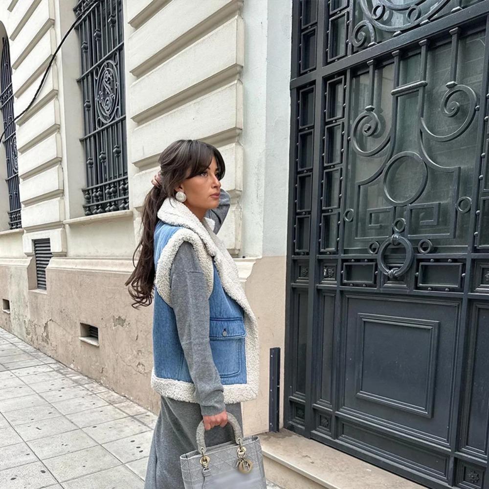 Модный жилет без рукавов из овечьей шерсти, женский толстый лоскутный женский жилет, куртка осень-зима, теплые повседневные плюшевые женские топы с лацканами