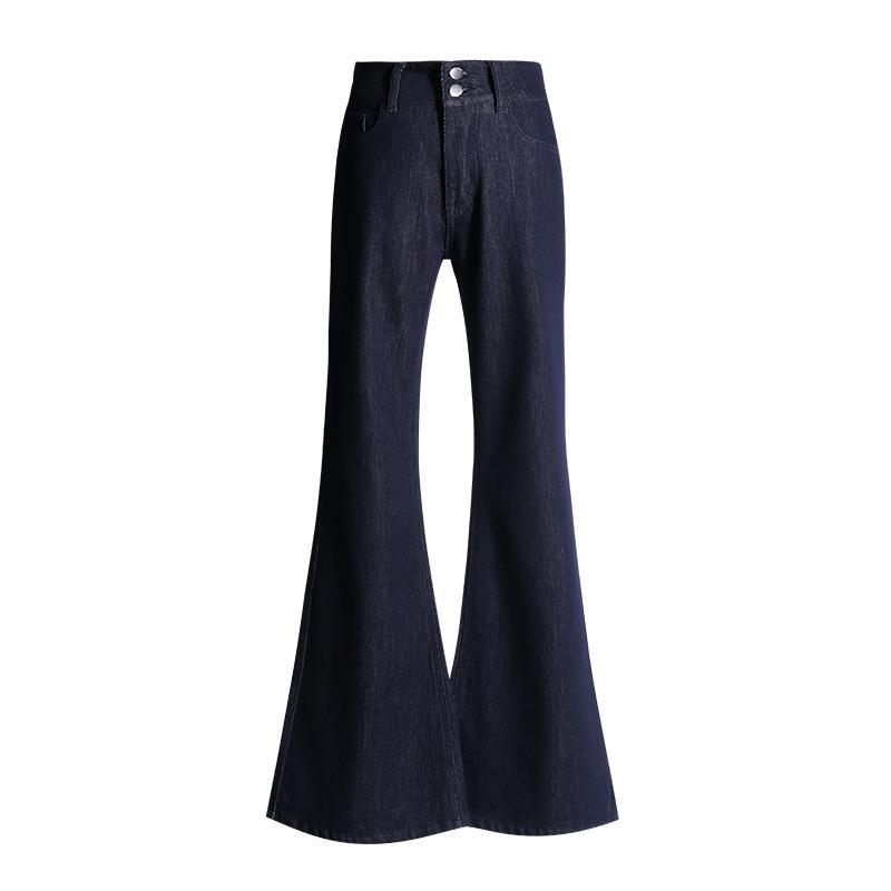 Spice girl dark blue micro-pull jeans women's summer new high-waisted elastic slim-fitting slim horseshoe flared pants