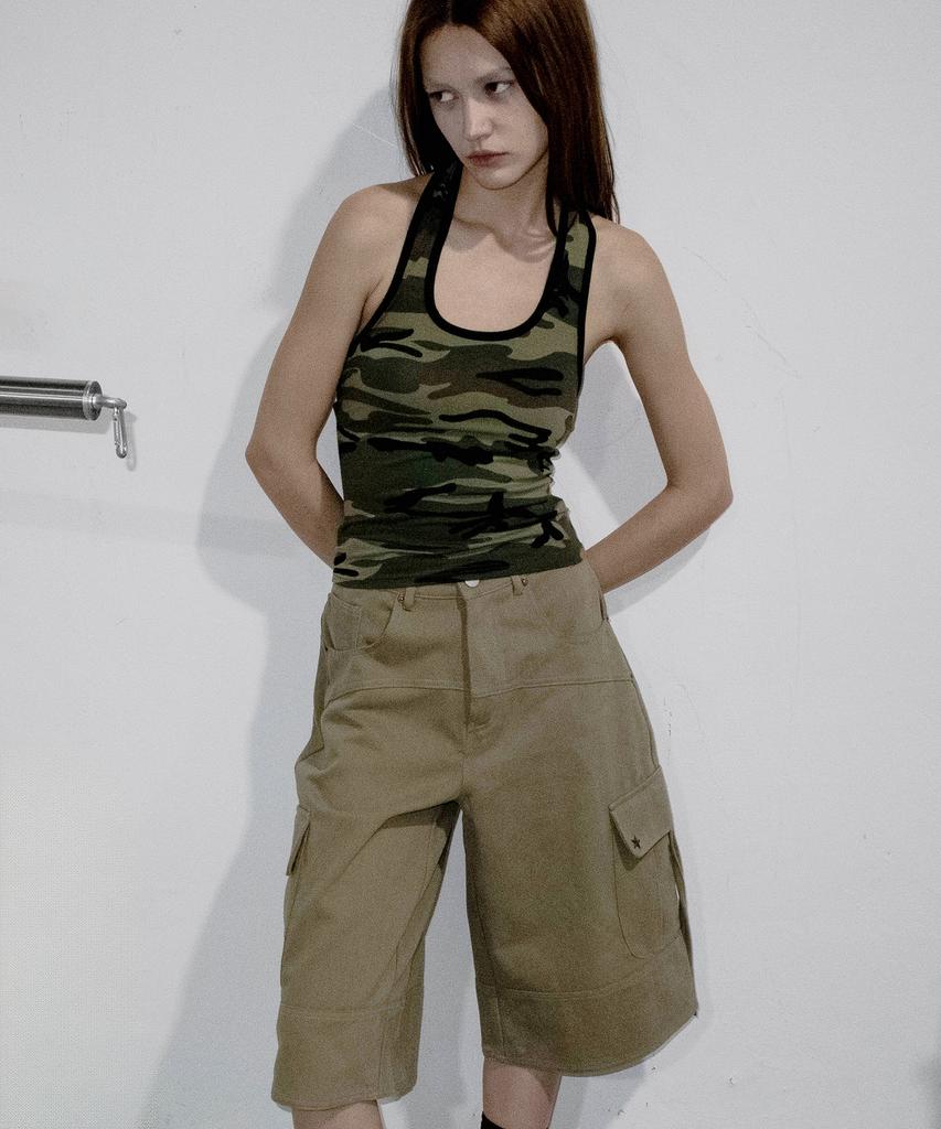 CHICKS Military Camo Slim Halter Neck Sleeveless Beige