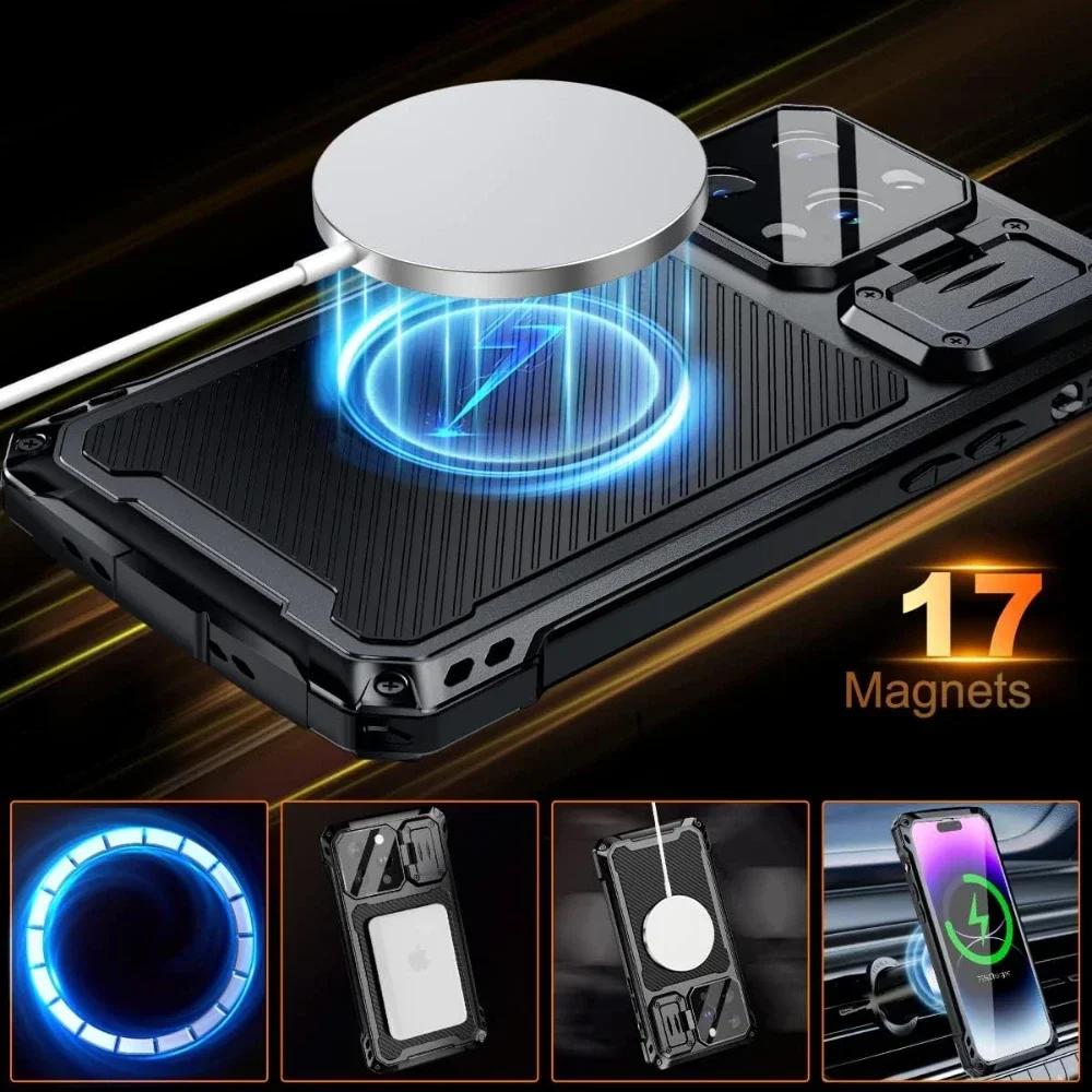 Для iPhone 16 15 Plus 14 Pro Max Алюминиевый Металлический Ударопрочный Магнитный Чехол Сверхпрочная Броня Чехол с Защитой Экрана Защитой Объектива Подставкой