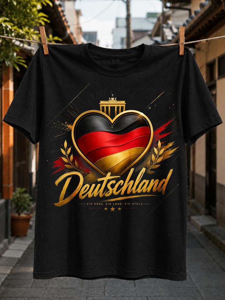 Deutschland Ein Herz Ein Land Ein Stolz Lettering With FlAg Heart Brandenburg Gate And Gold Laurel Unisex All TShirt
