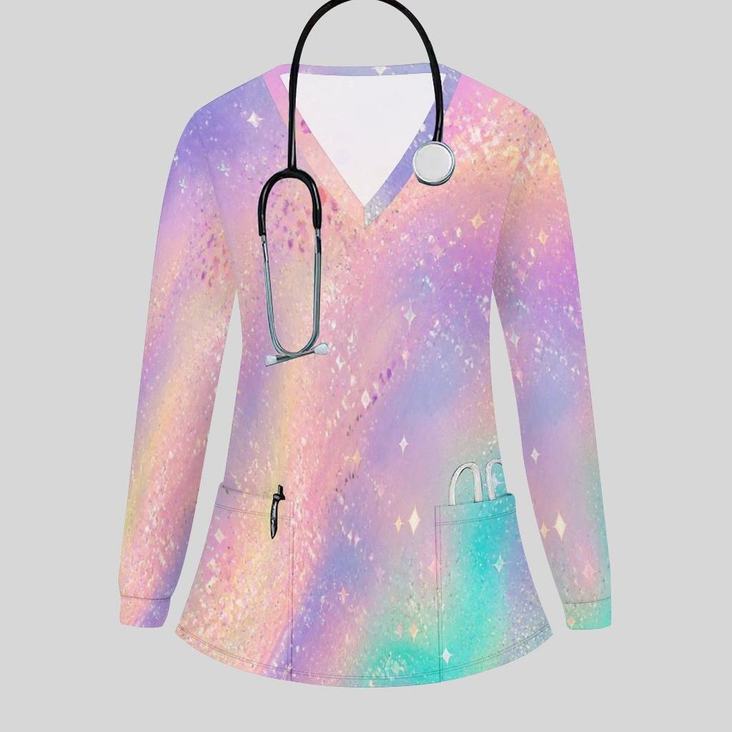 Women Plus Size Gem Printed V Neck Long Sleeve Scrub Top With Front Pockets