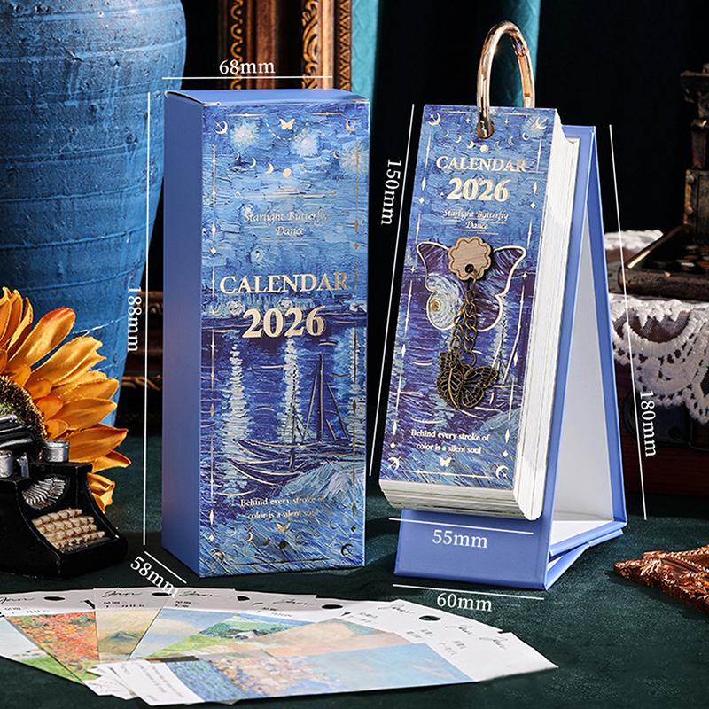 2026 Desk Calendar Vintage Oil Painting Inspirational Quotes One-Way Page Turn Daily Planner