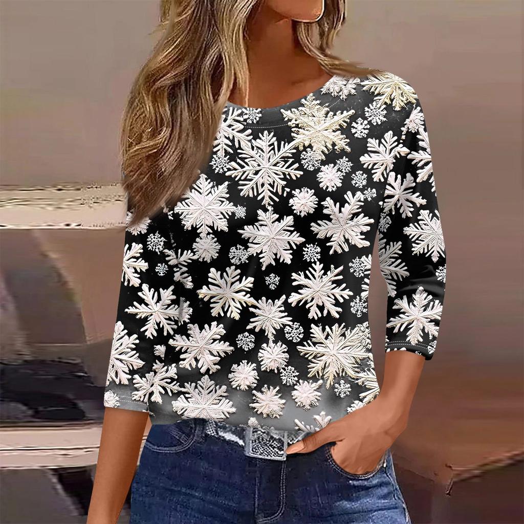 Женская футболка с рождественским принтом, рукав 3/4, повседневная, модная, на выходные, базовая, с круглым вырезом, стандартный топ