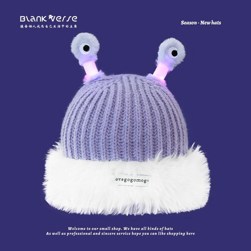 Шапка, женская модная осенне-зимняя забавная светящаяся шапка из шерсти с изображением маленького монстра, теплая вязаная шапка с большим репейником