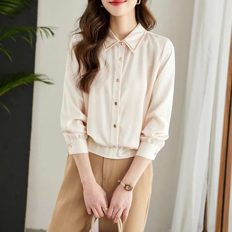 Модная шелковая блузка, женские рубашки с длинным рукавом на пуговицах, элегантные женские топы с отложным воротником, шикарная одежда 29468