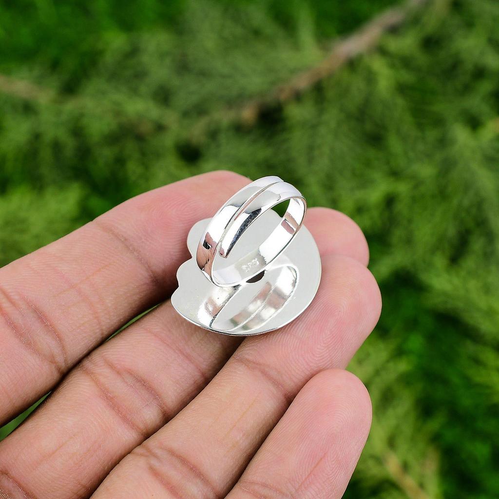 Natural Rainbow Moonstone Solitaire Flower Adjustable Ring 925 Silver