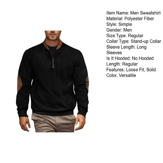 Men Sweatshirt Half Zipper Plaid Stand Collar Elbow Decoration Pullover Tops Long Sleeve Jacket Work Date Wear