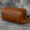 Genuine Leather Toiletry Bag Men Women Vintage Crazy Horse Travel Pouch With Cotton-Polyester Lining