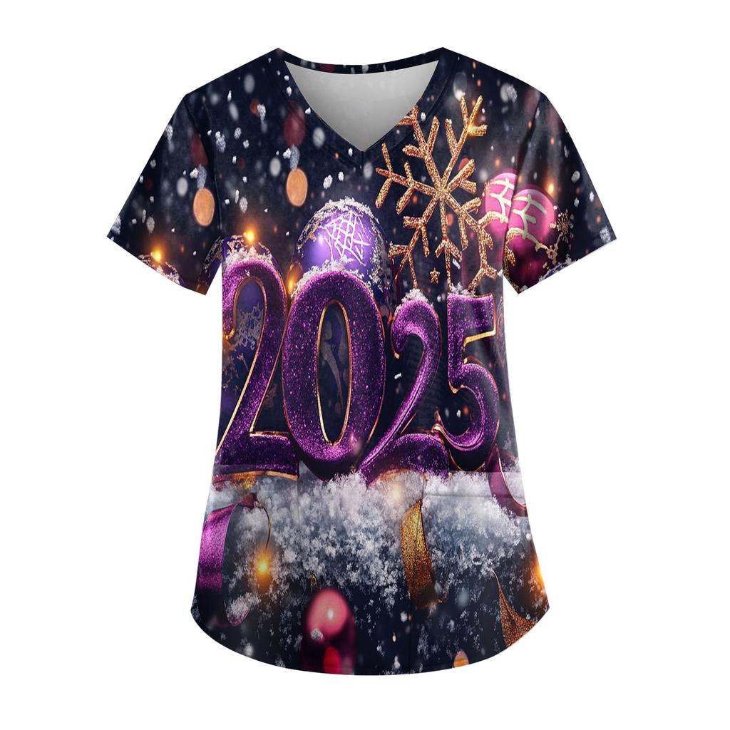 Women's Fashion New Year Printed Short Sleeve V-Neck Top Small Pocket Work T-Shirt