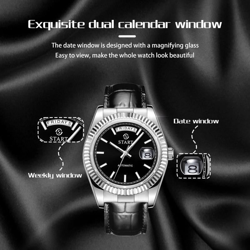 Start Мужские автоматические механические часы со светящимся часовым маркером, модные повседневные мужские часы, кожаные часы с функцией календаря недели