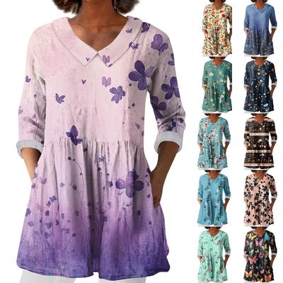 Женская Мода Повседневная Семь Рукавов Карман Отложной Воротник Принт Футболка Рубашка Топ