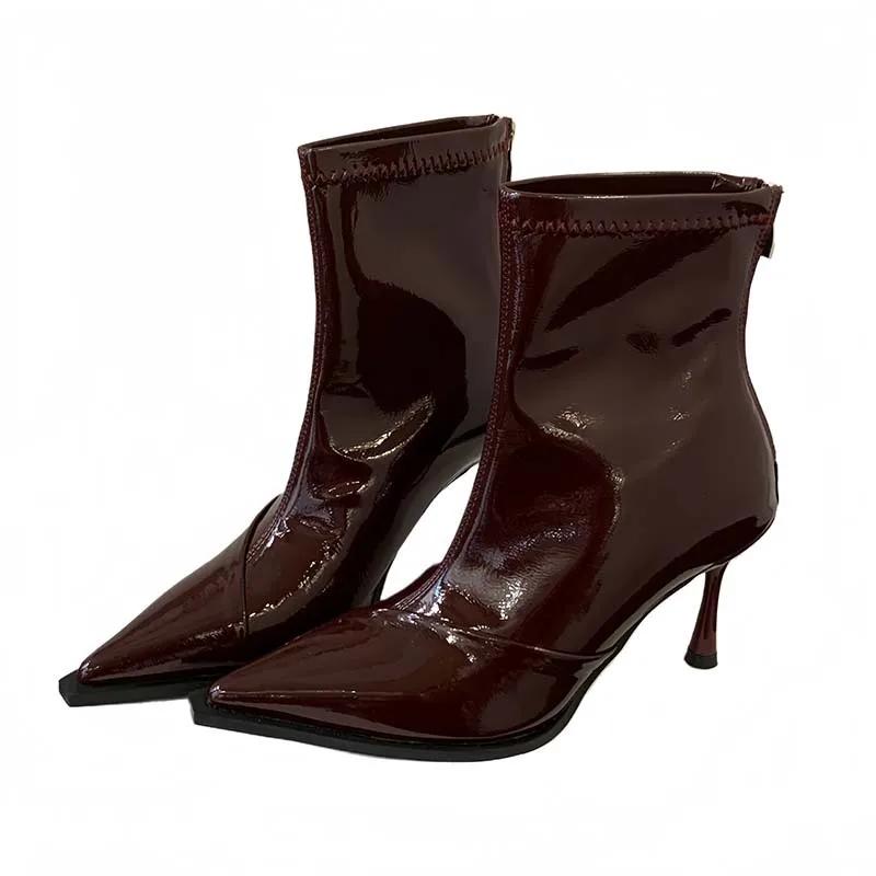 Женские короткие ботильоны на высоком каблуке с острым носком, из глянцевой гладкой кожи, на тонком каблуке, модные, облегающие ботинки, осенне-зимние