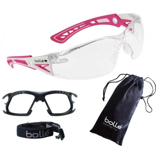 Bolle SAFETY Rush Plus Color Variation 4-Piece Set (Goggles, Gasket Kit, Pouch, Original Cloth) Pink Ribbon Campaign (Pouch: Pink & White, Clear)