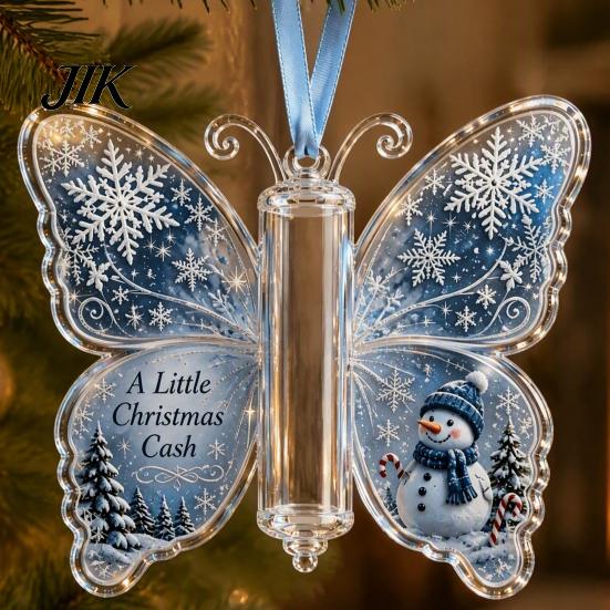 Transparent Acrylic Christmas Pendant Money Holder Ornament, Cash Hanging Decor with Vintage Holiday Surprise Butterfly Print, Party Supplies