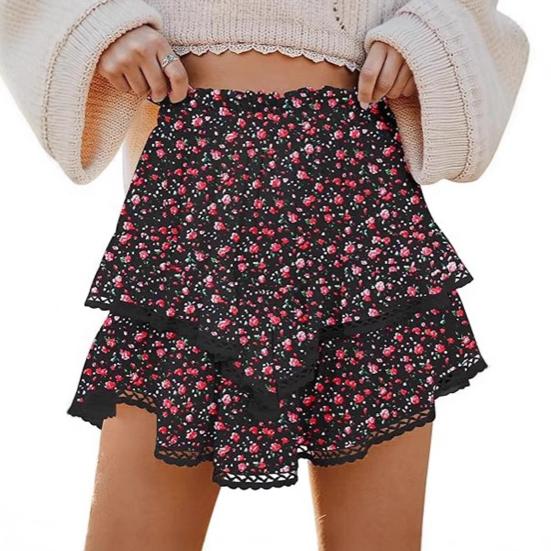 Women Cake Skirt High Waisted Double-Layered Ruffle Bohemian Mini Skirt with Elastic