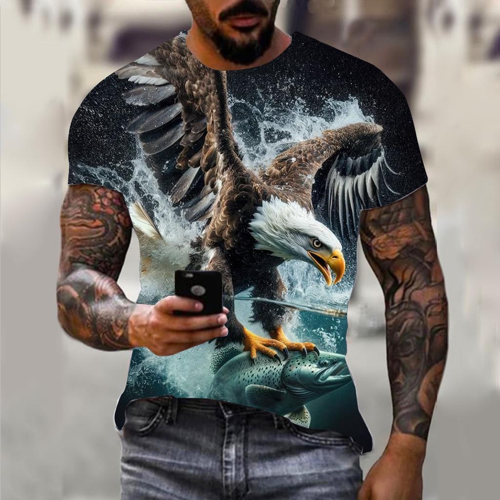 Fun 3D Animal Eagle Print Men's T-shirt Hip Hop Trend Street Casual Round Neck Short Sleeve Loose Top