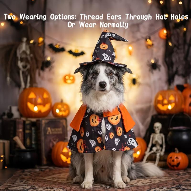 Pet Halloween Cosplay Outfit Cape and Witch Hat Set Dog Cat Cloak with Pumpkin Ghost Pattern Holiday Party Dress Up Photography