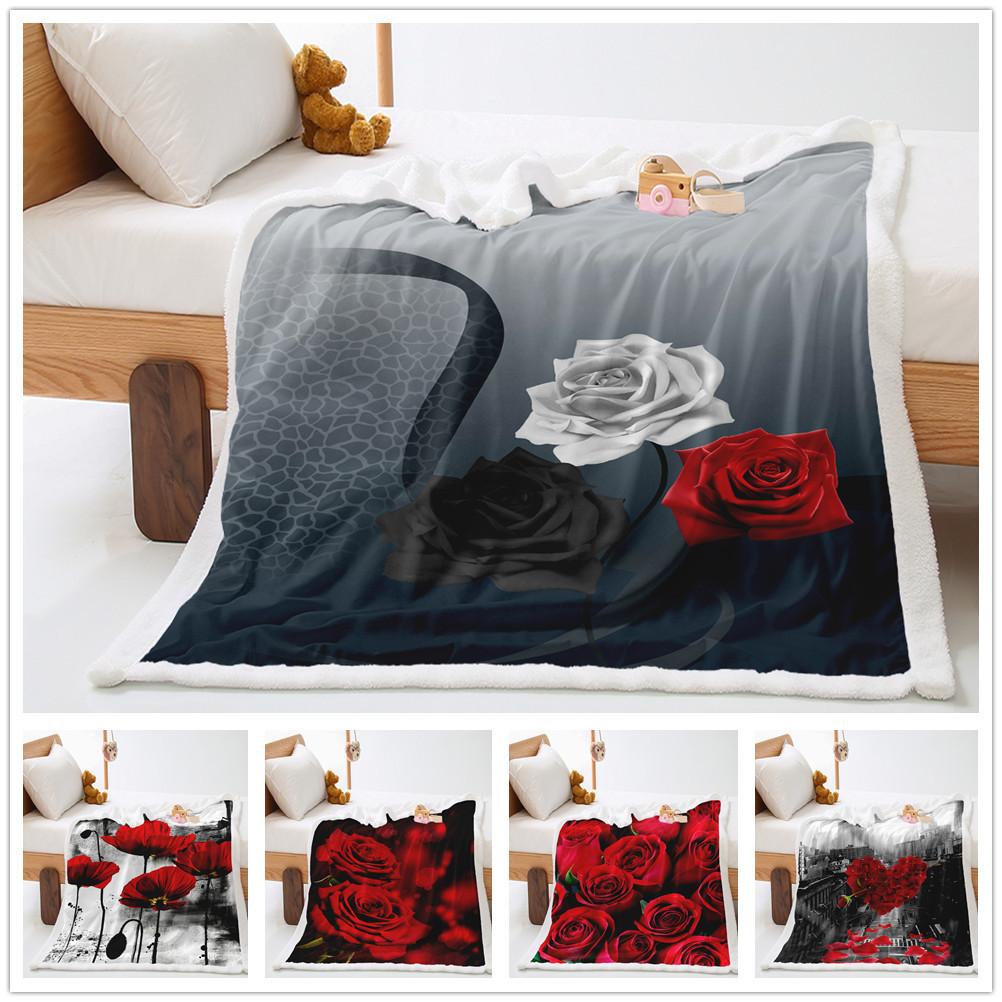 Black and white rose 2D digital printing thickened lamb wool crystal fleece blanket one piece