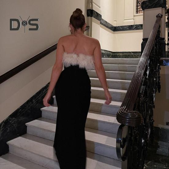 Женское вечернее платье с открытыми плечами, без рукавов, без спинки, без воротника, бандо, пушистый искусственный мех, декор, разрез сбоку, коктейльное вечернее платье-макси, выпускной, топ-платье