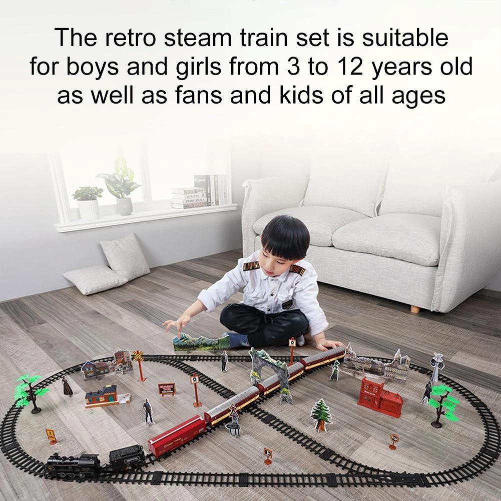 Retro Rail Train Toys Simulation Train Track With Steam Music Light Electric Car Toys Gift For Boys