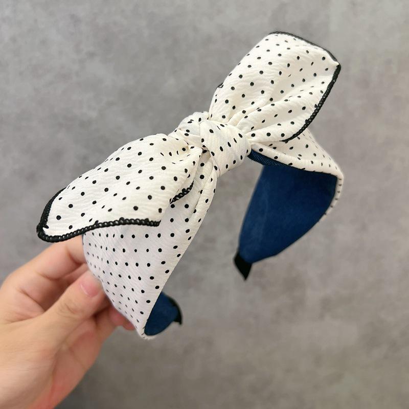 Корейская клетчатая темно-синяя повязка на голову с бантом и нескользящими зубцами для женщин