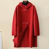 Зимнее двустороннее шерстяное пальто женское однотонное пальто с капюшоном свободного кроя с большими карманами