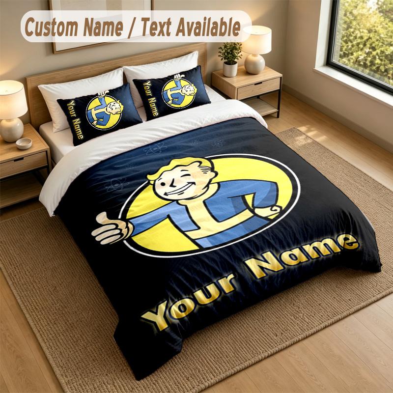 3Pcs Bedding Set Custom Name Text, 1 Sheet 2 Pillowcases Home Bed DecorFallout Vault Boy