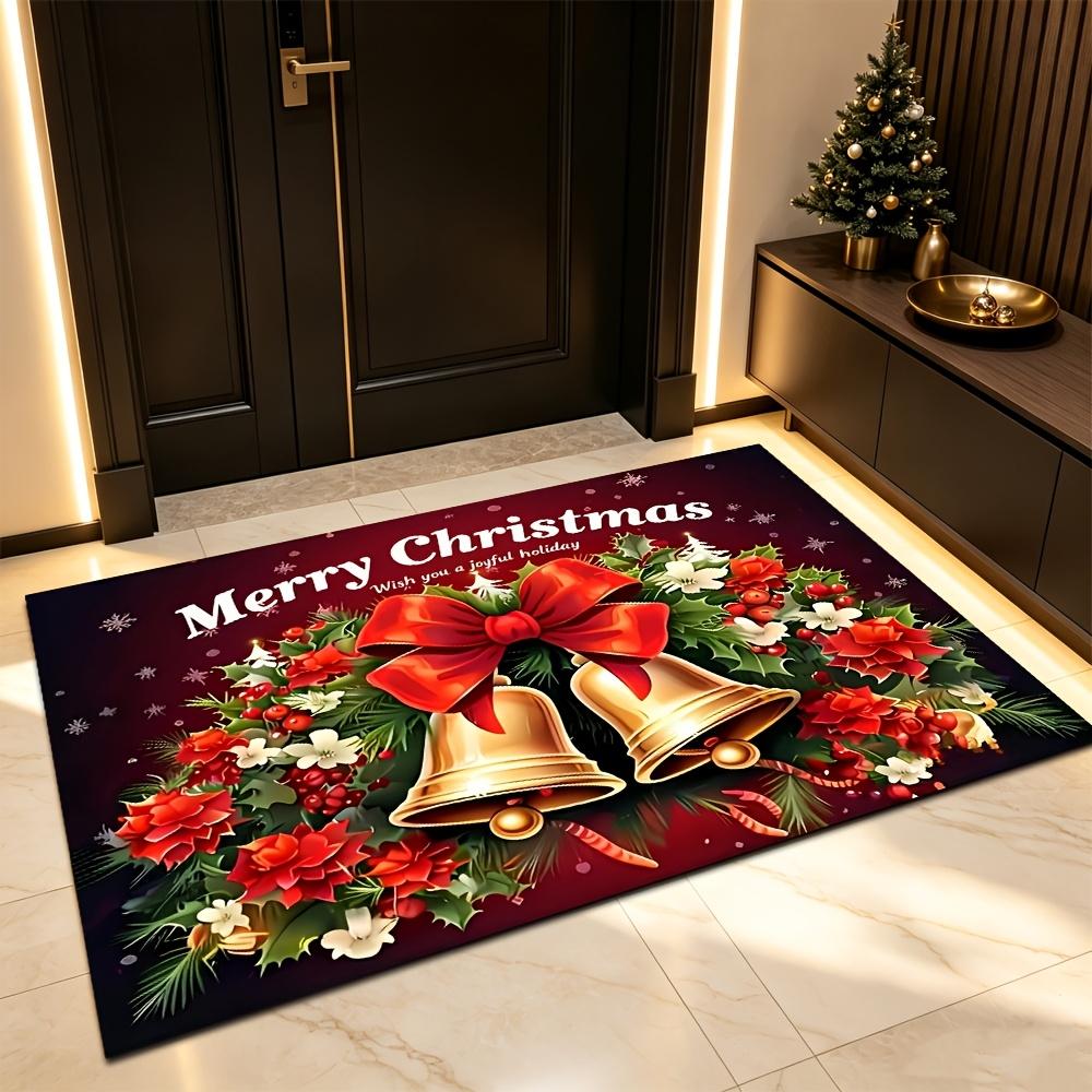 VIKAMA Bow Bell Poinsettia Christmas Doormat Non-Slip Washable Front Door Rug Indoor Outdoor Winter Holiday Decor