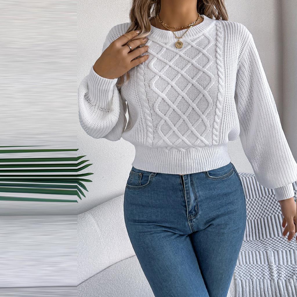 Women's Fashion Solid Color Cable-knit Long-sleeved Waist Pullover Sweater