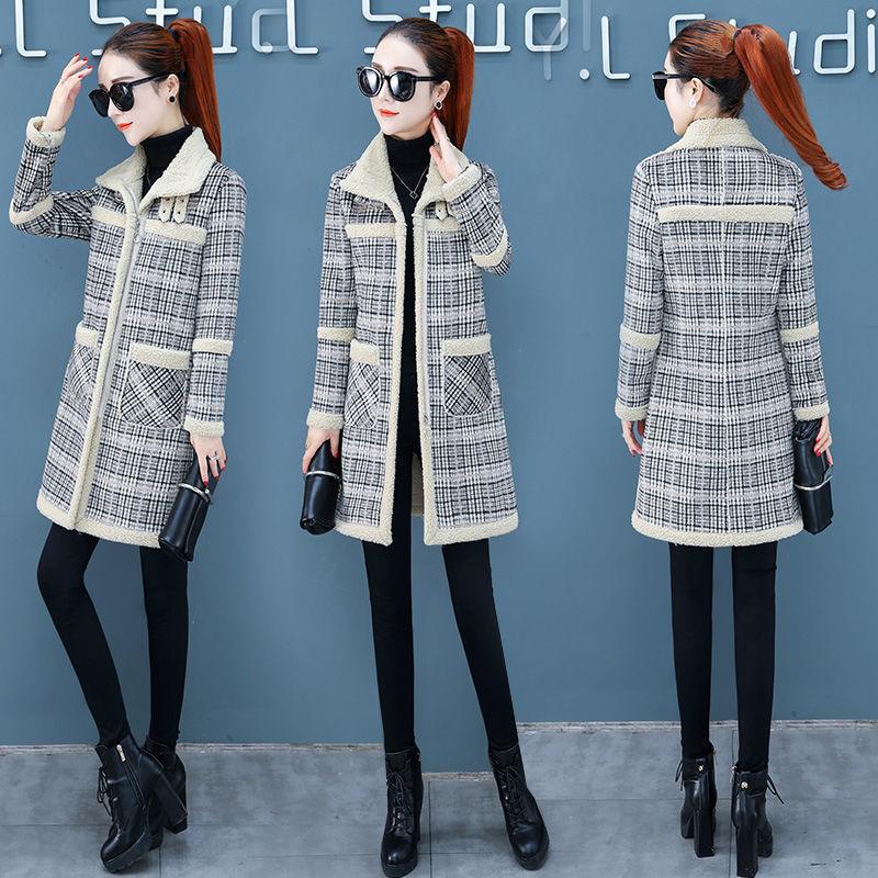Autumn and Winter Lamb Wool Coat Women's Mid-length All-match Thick Plaid Korean Fashion Lamb Wool Coat