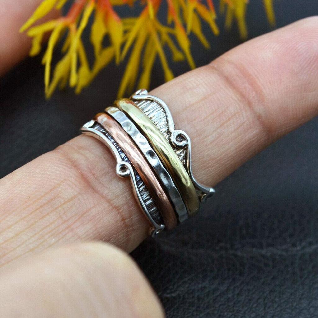 Кольцо-спиннер из стерлингового серебра 925 пробы, дизайнерское кольцо ручной работы для медитации, кольцо-спиннер, подарок на годовщину, трехцветное кольцо, подарок унисекс