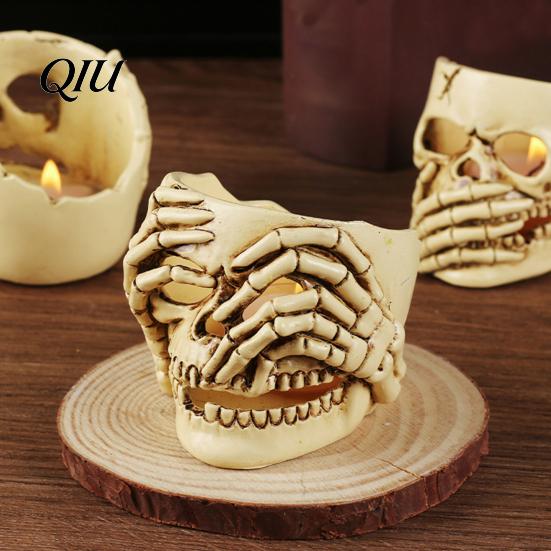 Outdoor Halloween Ornaments Skull Candle Holder Decor, Resin Gothic Table Ornament, Spooky Shelf Hanging Decor for Party Home, Trick or Treat Festive