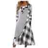 Women's Fashion Plaid Stitching Button Pockets Pile Neck Long Sleeve Dress