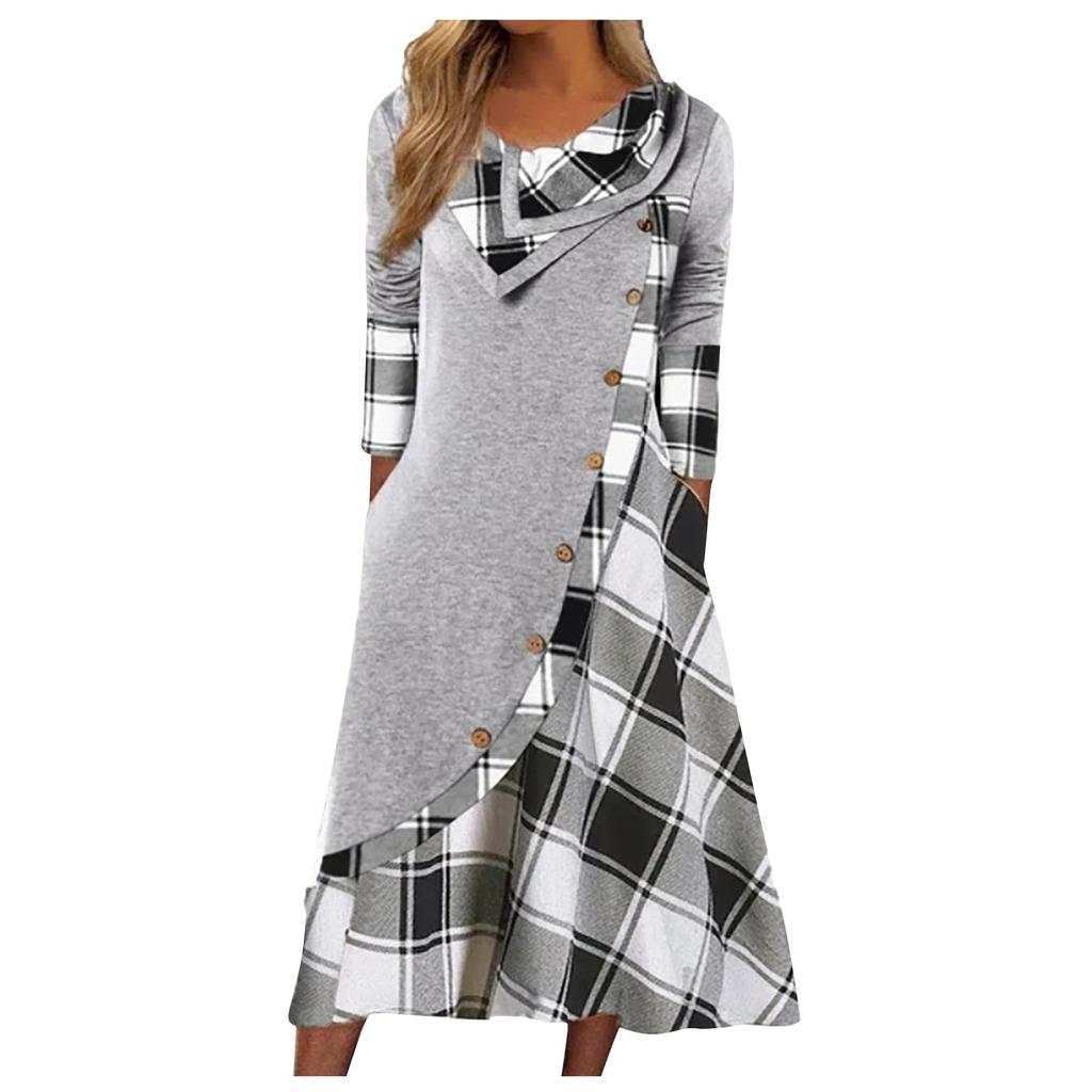 Women's Fashion Plaid Stitching Button Pockets Pile Neck Long Sleeve Dress